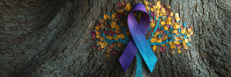 A beautifully painted awareness ribbon merges into a colorful tree, representing breath and life, against the textured surface of a tree trunk.の素材