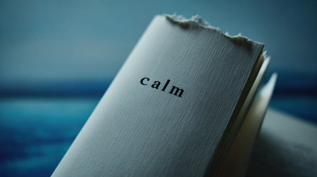 A book with a torn page displays the word calm, set against a serene blue backdrop that evokes feelings of peace and relaxation.の素材
