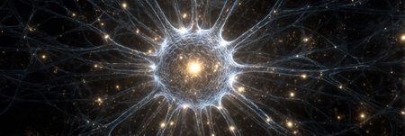 Bright core of the brain illuminates, sending rays of nerves outward in a radial pattern, showcasing neural connections and intricate structures.の素材