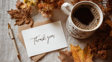 A warm autumn table features a blank gratitude card, a pen, a steaming coffee cup, and colorful leaves, creating an inviting atmosphere for reflection.の素材