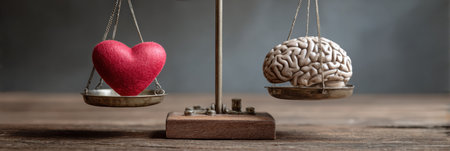A balance scale shows a heart and brain, symbolizing the clash between emotion and reason in daily decision-making.の素材