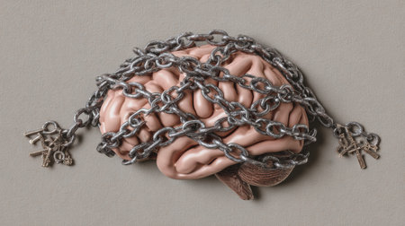 A brain is depicted tightly bound by chains made of daily routine icons, illustrating the struggle and pressure from the repetitive demands of life.の素材