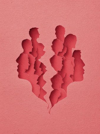 Silhouettes of faces emerge from a broken heart shape, capturing the essence of emotional pain and separation during a breakup moment in a vibrant pink hue.の素材