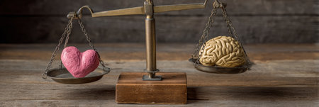 A balance scale with a pink heart on one side and a beige brain on the other highlights the contrast between emotion and logic, set against a wooden backdrop.の素材