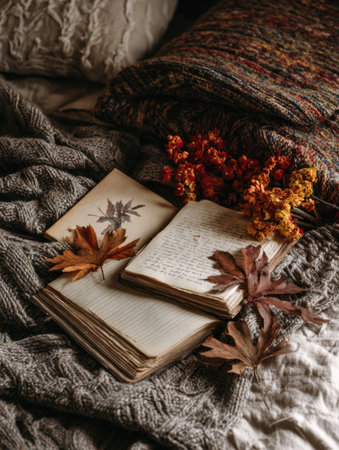 Autumn-themed journal pages are scattered on a textured blanket, surrounded by vibrant leaves, creating a cozy space for reflection.の素材
