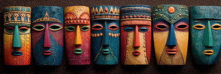 Vibrant abstract masks inspired by Mesoamerican and Caribbean cultures showcase unique patterns and rich artistry.の素材
