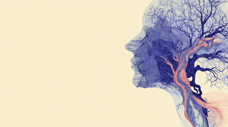 Calm and balanced flow of abstract nerves shaped into a silhouette that embodies the connection between human form and nature, conveying tranquility.の素材