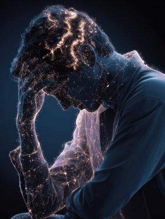 A figure sits in a thoughtful pose, surrounded by a soft digital visualization of anxiety symptoms. The artwork captures emotional struggle and introspection.の素材