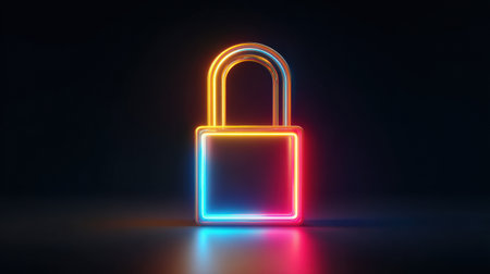 An abstract padlock illuminated with dynamic neon lines creates a striking visual contrast against a dark backdrop, symbolizing security and technology.の素材