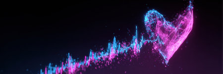 An abstract heart radiates light, pulsating alongside a vibrant graph, illustrating the rhythm of life and emotions in an expansive dark background.の素材
