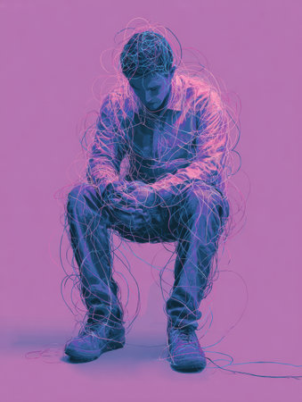 A figure sits in a soft digital environment with anxiety symptoms visually mapped around them, illustrating emotional turmoil and introspection.の素材