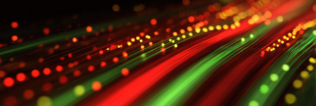 Streaks of red and green light swirl into an abstract pattern, suggesting movement and fluctuation linked to stock market activity during the day.の素材