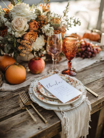 Colorful autumn table decor showcases an open gratitude list along with fresh fruits and warm floral arrangements for an inviting atmosphereの素材