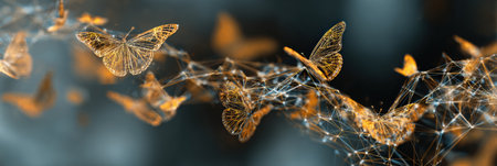 A vibrant display shows an intricate mesh of nerves evolving into butterflies, representing the concept of healing and transformation in a surreal atmosphere.の素材