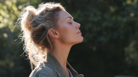 A person practices breathing techniques outdoors in a tranquil setting, focusing on stress relief and mindfulness amid natures calming influence and daylight.の素材