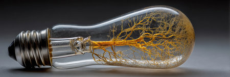 A broken lightbulb showcases delicate nerve fibers in place of a filament, creating a striking blend of technology and biology in a unique artistic concept.の素材