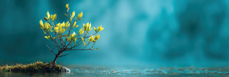 A small neural tree stands resiliently in calm waters, its bright new leaves depicting growth and renewal, surrounded by a peaceful atmosphere of serenity.の素材