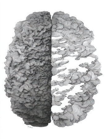 Chaotic lines shape a brain, symbolizing creativity, while the clean side represents simplicity and clarity.の素材