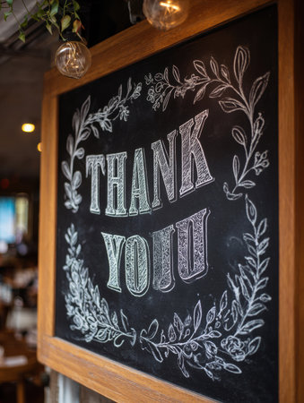 A beautifully designed chalkboard displays a heartfelt thank you message in an inviting cafe atmosphere, creating a warm and welcoming vibe for diners.の素材