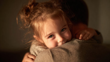 A child lovingly hugs their parent, radiating joy and comfort in a softly lit room during the evening, creating a heartwarming atmosphere.の素材