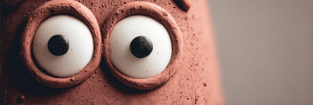 A clay character features wide eyes and subtle expressions, captured with a minimal background that emphasizes its craftsmanship and design.の素材