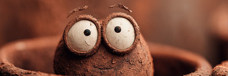 A clay character with wide eyes peeks out from a pottery pot, displaying a playful expression in a warm and minimalistic setting.の素材