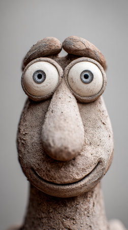 A handcrafted clay character with wide eyes and a smile is displayed against a minimal background, highlighting its quirky features and craftsmanship.の素材