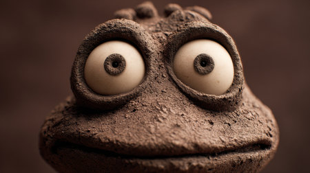 A clay character featuring wide eyes displays a quirky expression, emphasizing its crafted details against a simple, muted backdrop that enhances focus.の素材