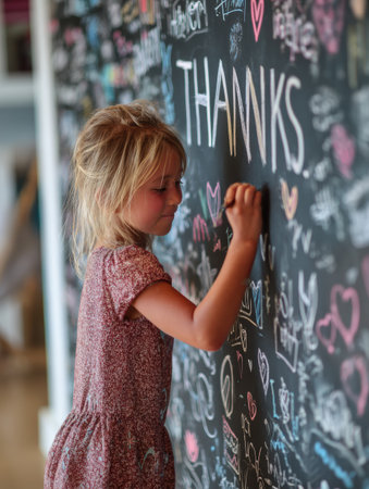 Young child writes on a chalkboard wall adorned with various doodles and the word thanks, showing creativity and appreciation in a nurturing environment.の素材