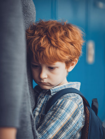 A child with red hair stands beside an adult, looking concerned and shy. He seeks comfort and support, indicating the stress of dealing with bullying.の素材