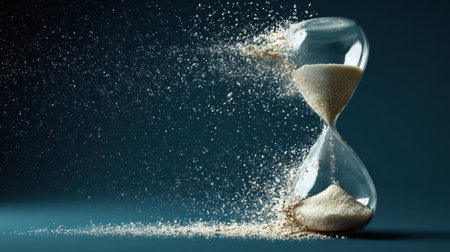 A clear top half of a broken hourglass releases fine sand, representing the passing of time and the fragility of life in a dark background.の素材