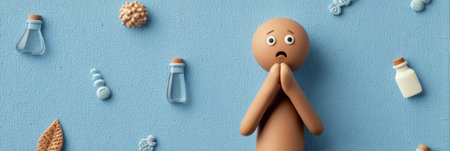 A clay figure displays symptoms of coughing, with various helpful remedy icons levitating around it to convey a fun and playful atmosphere.の素材