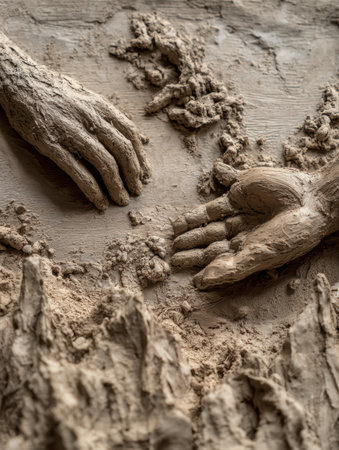 Two sculpted hands reach towards each other in a clay relief, symbolizing breathlessness and healing amidst a textured background of natural elements.の素材