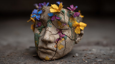 A clay head shows intricate cracks filled with vibrant flowers, symbolizing the healing process and resilience of nature emerging from hardship.の素材