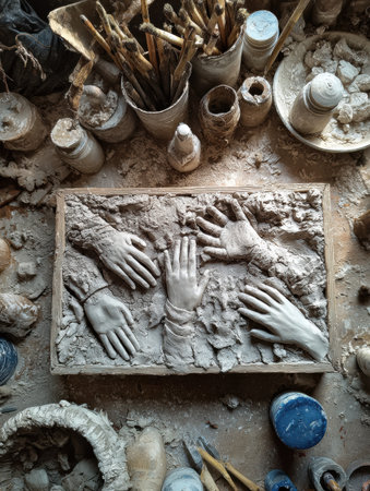 A clay piece shows healing hands emerging from a textured base, surrounded by art tools, evoking breathlessness and hope.の素材