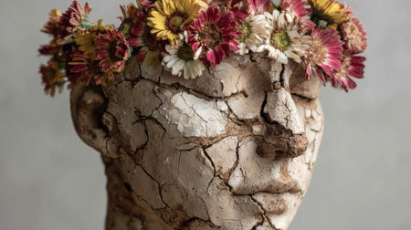 A cracked clay head with vibrant flowers symbolizes healing and rebirth, illustrating natures beauty overcoming imperfections.の素材