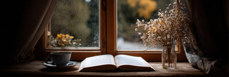 Warm sunlight spills through an open window, illuminating a journal resting on the sill next to a steaming cup of coffee and a delicate vase of flowers.の素材