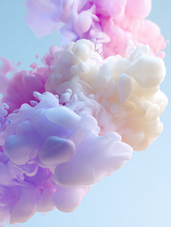 Swirling vapor in shades of pink, purple, and white creates a dreamy atmosphere with a soft gradient backdrop, evoking a sense of tranquility and creativity.の素材