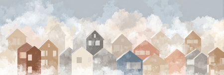 Vibrant houses with a mix of colors stand quietly amid a gentle fog, suggesting a peaceful morning in a charming neighborhood.の素材