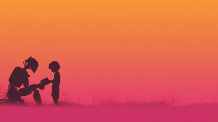 A robot bends down to hand a book to a young child against a vivid sunset backdrop, capturing a moment of wonder and connection in nature.の素材