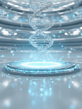 A DNA strand gracefully rotates in mid-air above a glowing platform, surrounded by a futuristic laboratory filled with soft blue light and particles.の素材