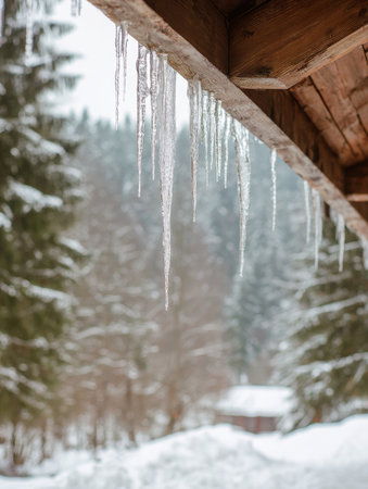 Icicles hang from a rustic wooden roof, showcasing a peaceful winter forest scene filled with snow-laden trees and a tranquil atmosphere.の素材
