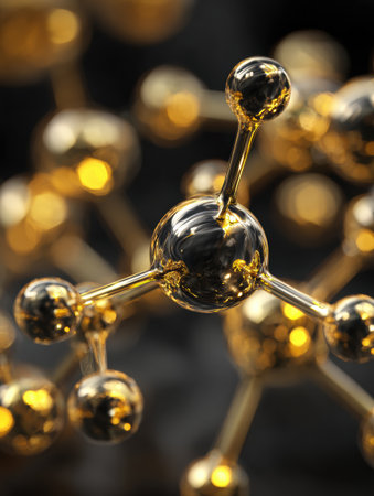 Intricate arrangement of golden molecules creating an abstract design that highlights scientific principles and aesthetic beauty in a dark background.の素材