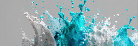 Colorful splashes of blue and white paint burst energetically, forming an abstract composition that captures movement and creativity in a studio environment.の素材