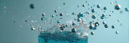 Bubbles rise from a glass of blue water as it splashes, capturing the essence of freshness and fluidity in a calm environment.の素材