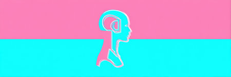Colorful abstract artwork features a profile silhouette against contrasting pink and turquoise backgrounds, emphasizing human contours and artistic expression.の素材