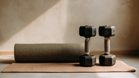 Dumbbells are positioned next to a rolled exercise mat in a bright and serene indoor space, suggesting a fitness routine ready to begin.の素材