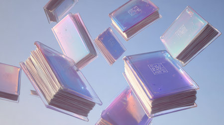 Floating holographic computer chips create a visually stunning display against a bright blue sky, showing the fusion of technology and design.の素材