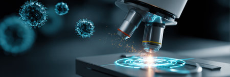 High-tech microscope focuses on viruses, revealing detailed structures in a lab, emphasizing advancements in scientific research and discovery.の素材