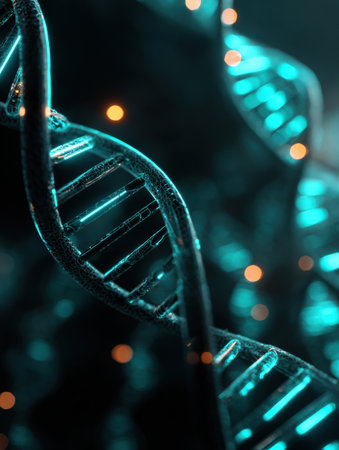 Strands of DNA illuminated in blue and green hues against a dark background, showing the complexity of genetic structures and molecular biology concepts.の素材